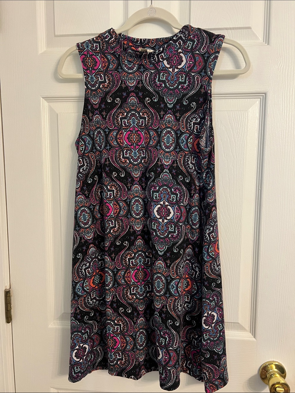 Pink Rose Black Paisley Print Sleeveless Dress with Pink & Teal Accents
